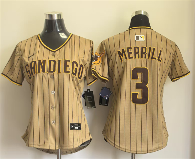 Women's San Diego Padres #3 Jackson Merrill Tan Alternate Stitched Baseball Jersey(Run Small)
